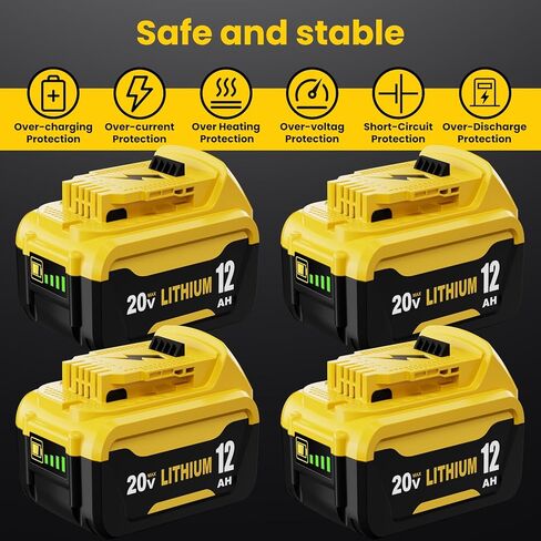 4Packs 12000mAh High Capacity Replacement for Dewalt 20V Max Battery 12.0Ah and 4-Port Charger Compatible with Dewalt 20 Volt Lithium Ion Battery DCB200 DCB201 DCB203 DCB206 Series Power Tool(Yellow) in Kuwait