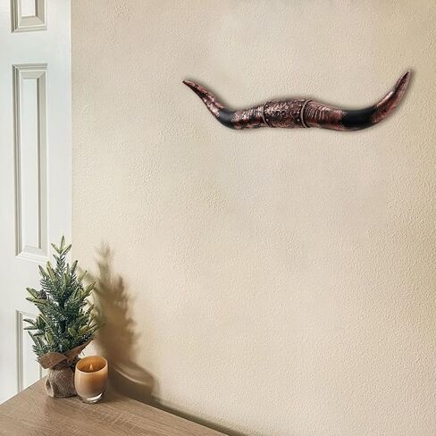 KIWZZXXKW 23 Inches Longhorn Wall Decor, Cow Skull Wall Decor, Floral Embossing, Long Horns Faux Taxidermy Handmade Simulation Cow Skull Farmhouse Decor Wall, Bull Horns For Truck(Brown) in Saudi Arabia