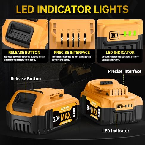 بطارية 20 فولت بحد أقصى 8000 مللي أمبير في الساعة متوافقة مع أدوات وشواحن Dewalt DCB208 DCB207 DCB204 DCB203 DCB201 DCB200 2 حزم in Kuwait
