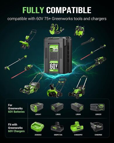 5.0Ah Battery Replacement for Greenworks 60V Battery, 300Wh 1200+ Cycles, Fits 75+ Greenworks 60V Tools Lawn Mower Blower Trimmer Ebike LB605 Battery in Kuwait