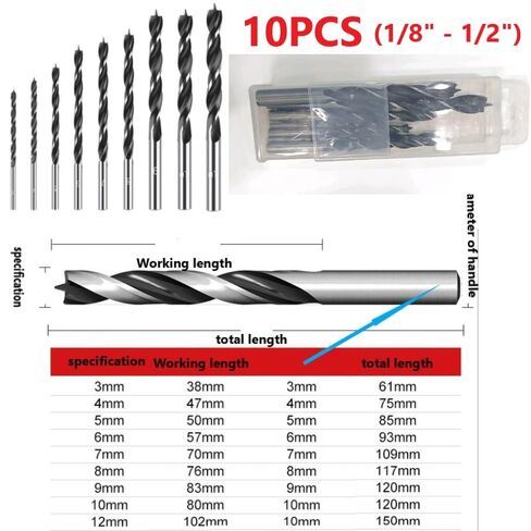 Brad Point Wood Drill Bit Set 10 pcs Professional Wood Twist Drill Bits (1/8" - 1/2") 3-12 mm for Plywood Plastic Woodworking DIY in Kuwait