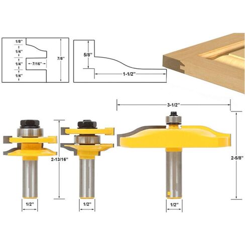 Jeanoko Ogee Raised Panel & Ogee Rail Stile Router Bit Set 3pcs Durable Woodwork Milling Cutter for Professional Carpentry - Suitable for Solid Wood, MDF, Plywood - 1/2" Shank in Kuwait