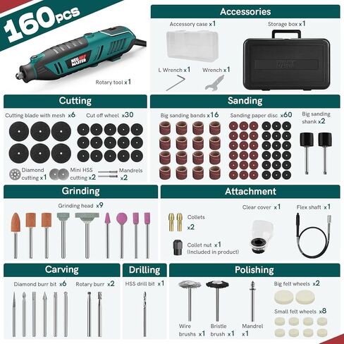 مجموعة أدوات دوارة NEU MASTER 180 واط، أدوات دوارة كهربائية سلكية مع 160 ملحقًا و6 سرعات متغيرة، مجموعة مثقاب كهربائي 10000-35000 دورة في الدقيقة (متجددة) in Kuwait