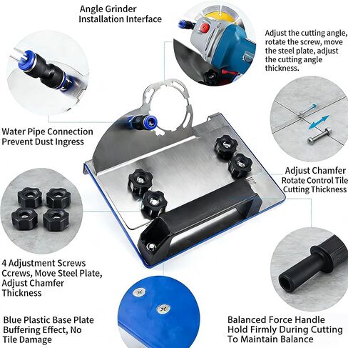 45 Degree Tile Chamfering Tool for 100-Type Angle Grinders, Universal Stand with 5 Diamond Saw Blades, Gloves, 39 Inch Hose, Screwdriver, Adapter Washers in Kuwait