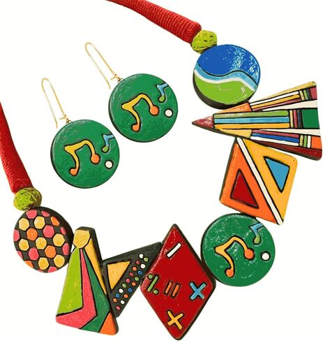 Bold Geometric Terracotta Jewelry Set | Hand-Painted Clay Necklace with Earrings | Artisan Handmade Statement Boho Jewelry for Women in Saudi Arabia