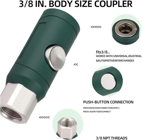 3/8 "FNPT مقرنة هواء عالية التدفق، 3/8" مقرنة هواء آمنة بالضغط على زر الجسم مع محولين للأدوات الهوائية وضواغط الهواء وخراطيم الهواء in Kuwait
