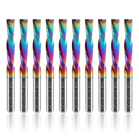 1/8 Inch Shank Downcut Spiral Router Bit, 1/8" Cutting Dia. 11/16" CL, 1-1/2" OVL. 2 Flutes Carbide CNC Bits End Mill with Extra Long Life Coating for Wood Cut Carving Engraver, Pack of 10 in Kuwait
