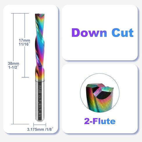 1/8 Inch Shank Downcut Spiral Router Bit, 1/8" Cutting Dia. 11/16" CL, 1-1/2" OVL. 2 Flutes Carbide CNC Bits End Mill with Extra Long Life Coating for Wood Cut Carving Engraver, Pack of 10 in Kuwait