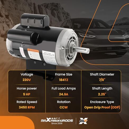 maXpeedingrods 5HP Air Compressor Electric Motor, 184TZ Frame 3450RPM, 230V 24.9Amps Voltage, 7/8" Keyed Shaft, CCW-SE Rotation, 2.25" Shaft Length for Single Phase Air Compressors in Kuwait
