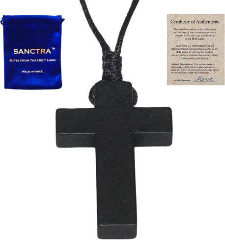 SANCTRA Wooden Cross Necklace for Men and Women, Handmade and Blessed in the Holy Land, Christian Faith Pendant with Gift Pouch and Certificate of Authenticity in Saudi Arabia