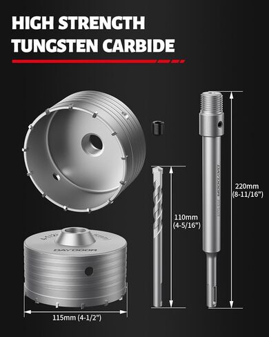 DAYDOOR 4-1/2" (115mm) Concrete Hole Saw with SDS Plus Shank Adapter, Tungsten Carbide Tipped Masonry Hole Saw, Heavy Duty Concrete Core Drill Bit for Brick, Cement Wall, and Stone in Kuwait