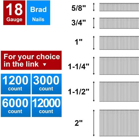 18 Gauge Brad Nails (2", 1-1/2",1-1/4",1",3/4",5/8 inch) 1200 pcs Galvanized 18 GA Nail Gun Nails Assorted and Small Finishing Nails for Pneumatic, Electric Brad Nailer in Kuwait