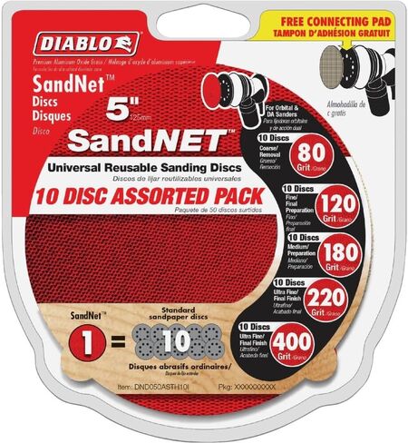 أقراص صنفرة متنوعة قابلة لإعادة الاستخدام من Diablo SandNet مع وسادة توصيل للخشب والمعادن والبلاستيك - 5 بوصات، حبيبات متعددة الدرجات، مزيج من السيراميك، 10 عبوات - DND050ASTH10I in Kuwait