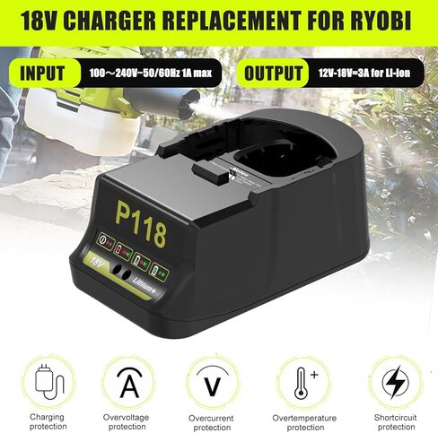 شاحن سريع Powilling P118 18V لبطاريات Ryobi ONE+ ليثيوم أيون، بديل لP117 P118B، متوافق مع بطارية Ryobi 18V P100 P102 P103 P105 P107 P108 in Kuwait