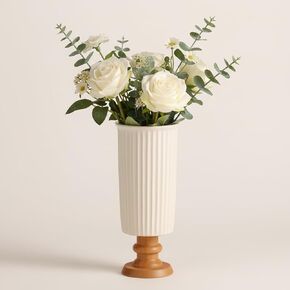 hjn White Ceramic Vase- French Flower Vase for Decor Small Vintage Vases with Wood Base for Table/Living Room/Shelf/Mantel/Office-3.94''d x 9.1" h-Floral Embossing in Saudi Arabia