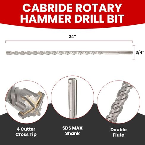 3/4" X 24 in SDS MAX Bits, Rotary Hammer, Carbide, Masonry Drill Bits for Concrete, Stone and Brick, SDS MAX Hammer Double Flute, Concrete Drill Bit in Kuwait