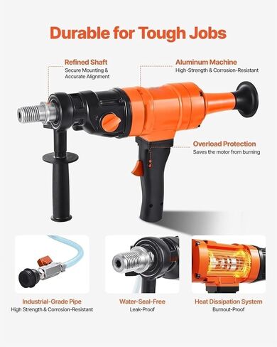 Diamond Core Drilling Machine, 8 in Drilling Diameter, Handheld Dry and Wet Concrete Core Drill Rig with 4 Drill Bits, 1075/2300 RPM 2-Speed, UNC1 1/4-7 Thread, for Concrete Brick Stone, 1800W in Kuwait