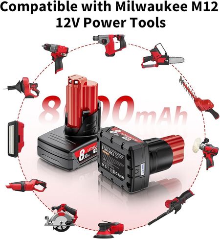 2 حزمة استبدال بطارية 8000 مللي أمبير 12 فولت لبطارية ميلووكي M12 48-11-2401 48-11-2402 48-11-2460 48-59-2401 متوافقة مع أدوات كهربائية لاسلكية 12 فولت M12 in Kuwait