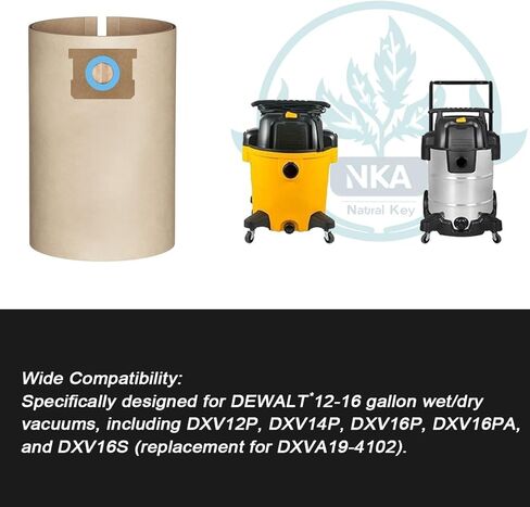أكياس مكنسة كهربائية DXVA19-4102 للمكانس الكهربائية الرطبة/الجافة سعة 12-16 جالون من DEWALT - متوافقة مع DXV12P، DXV14P، DXV16P، DXV16PA، DXV16S - 8 أكياس بفرشاة in Kuwait