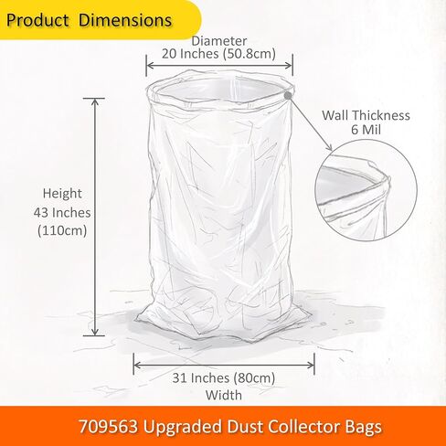 6-Pack Dust Collector Replacement Bags Clear Plastic 31 x 43 Inch 20" Dia 6 Mil Thick 35 and 70 Gallon Upgraded Heavy-duty Dust Collection Bag for JET DC-1100/1200 Grizzly Delta WEN DC1300(709563) in Kuwait
