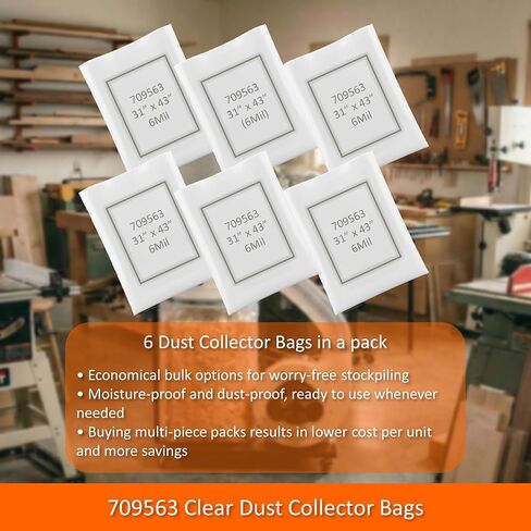 6-Pack Dust Collector Replacement Bags Clear Plastic 31 x 43 Inch 20" Dia 6 Mil Thick 35 and 70 Gallon Upgraded Heavy-duty Dust Collection Bag for JET DC-1100/1200 Grizzly Delta WEN DC1300(709563) in Kuwait
