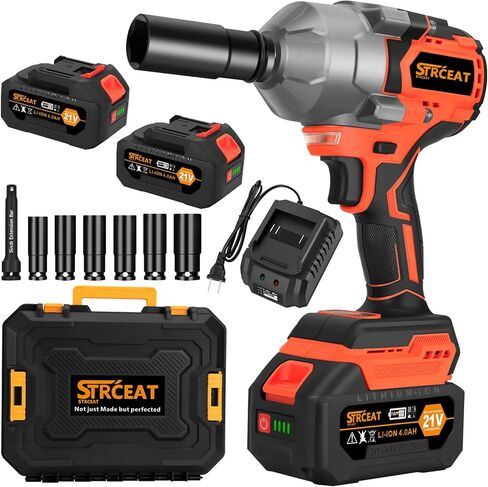 STRCEAT 1500Nm(1107Ft-lbs) مفاتيح تأثير لاسلكية عالية عزم الدوران 1/2 بوصة مفتاح ربط مسدس بدون فرش مع بطاريتين × 4.0 أمبير 21 فولت، 6 مقابس، شريط تمديد، سرعات متغيرة للمنزل/السيارة/الشاحنة/RV/جزازة in Kuwait