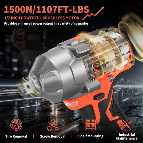 STRCEAT 1500Nm(1107Ft-lbs) مفاتيح تأثير لاسلكية عالية عزم الدوران 1/2 بوصة مفتاح ربط مسدس بدون فرش مع بطاريتين × 4.0 أمبير 21 فولت، 6 مقابس، شريط تمديد، سرعات متغيرة للمنزل/السيارة/الشاحنة/RV/جزازة in Kuwait