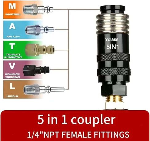 Yolass 5 In 1 Universal Quick Industrial Air Coupler, Air Hose Fittings, 1/4" Female NPT, Air Compressor Accessors Fitting (1 Piece) in Kuwait
