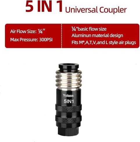 Yolass 5 In 1 Universal Quick Industrial Air Coupler, Air Hose Fittings, 1/4" Female NPT, Air Compressor Accessors Fitting (1 Piece) in Kuwait