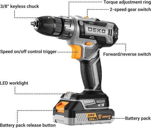 Power Drill Cordless: DEKOPRO Cordless Drill 20V Electric Power Drills Set Tool Drills Cord-less Set with Battery and Charger (Renewed) in Kuwait
