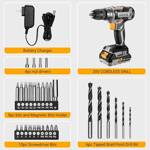 Power Drill Cordless: DEKOPRO Cordless Drill 20V Electric Power Drills Set Tool Drills Cord-less Set with Battery and Charger (Renewed) in Kuwait