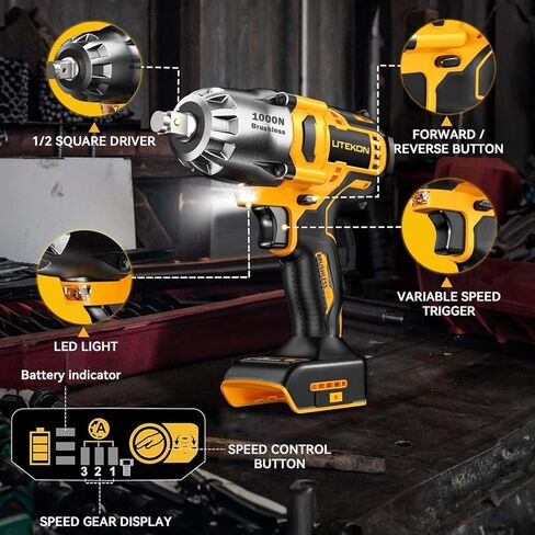 Cordless Impact Wrench Compatible with 𝗗e-𝗪𝗔𝗟𝗧 20V Max Battery, 740Ft-lbs 1000N.m, 1/2 Inch Brushless High Torque Power, 1000W Powerful Electric Impact Gun for Car Home (Battery Not Included) in Kuwait