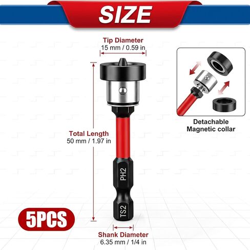 5PCS Drywall Screw Bit, 50mm Drywall Screw Setter, Magnetic Adjustable Depth Ph2 Positioning Bits with Removable Collar, 1/4" Hex Shank for Plasterboard and Sheetrock Screws in Kuwait