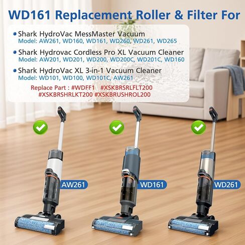 WD161 Roller & Filter Replacement for Shark HydroVac MessMaster Wet Dry Vacuum Cleaner WD161 WD261 AW261 and WD101 WD201 WD100 WD200 AW201 WD200C WD201C WD101C Vacuums(2 Brush 2 Foam Filter Kit) in Kuwait