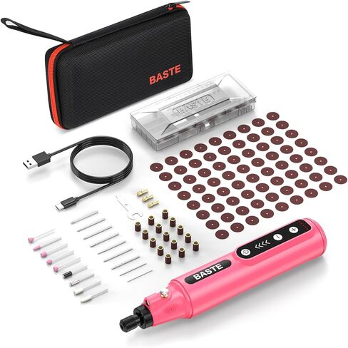 Baste Mini Cordless Rotary Tool Kit - 5 Speed 18000RPM, 109 Accessories 2000mAh Type-C Charging Power Rotary Tool for 3D Printing, DIY Crafts, Sanding, Polishing, Drilling, Etching, Engraving (Pink) in Kuwait