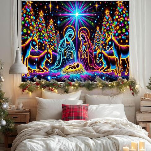 BlissYard Neon Nativity Christmas Blacklight Tapestry UV Reactive Glow in the Dark Religious Wall Hanging Holy Family Donkeys Christmas Trees Holiday Decoration for Bedroom Living Room 78x59 Inch in Saudi Arabia