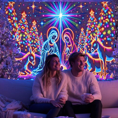 BlissYard Neon Nativity Christmas Blacklight Tapestry UV Reactive Glow in the Dark Religious Wall Hanging Holy Family Donkeys Christmas Trees Holiday Decoration for Bedroom Living Room 78x59 Inch in Saudi Arabia