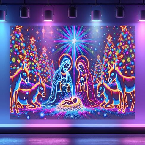BlissYard Neon Nativity Christmas Blacklight Tapestry UV Reactive Glow in the Dark Religious Wall Hanging Holy Family Donkeys Christmas Trees Holiday Decoration for Bedroom Living Room 78x59 Inch in Saudi Arabia