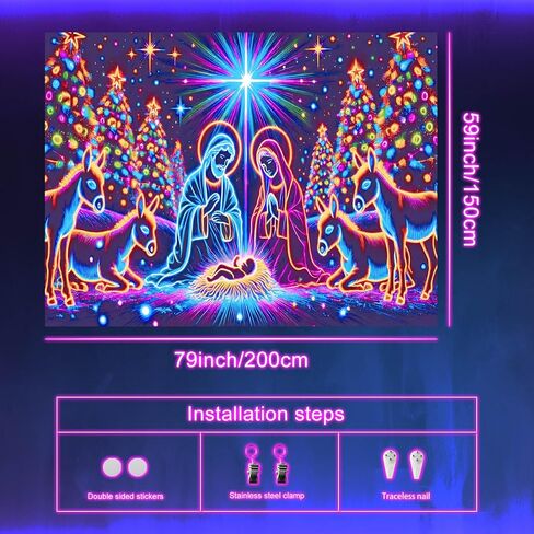 BlissYard Neon Nativity Christmas Blacklight Tapestry UV Reactive Glow in the Dark Religious Wall Hanging Holy Family Donkeys Christmas Trees Holiday Decoration for Bedroom Living Room 78x59 Inch in Saudi Arabia