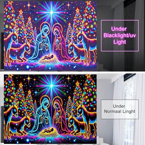BlissYard Neon Nativity Christmas Blacklight Tapestry UV Reactive Glow in the Dark Religious Wall Hanging Holy Family Donkeys Christmas Trees Holiday Decoration for Bedroom Living Room 78x59 Inch in Saudi Arabia