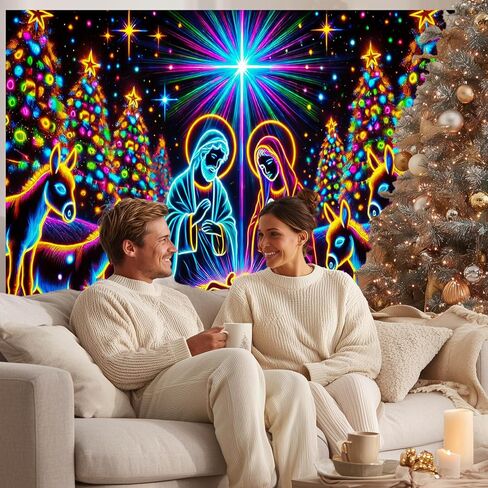 BlissYard Neon Nativity Christmas Blacklight Tapestry UV Reactive Glow in the Dark Religious Wall Hanging Holy Family Donkeys Christmas Trees Holiday Decoration for Bedroom Living Room 78x59 Inch in Saudi Arabia