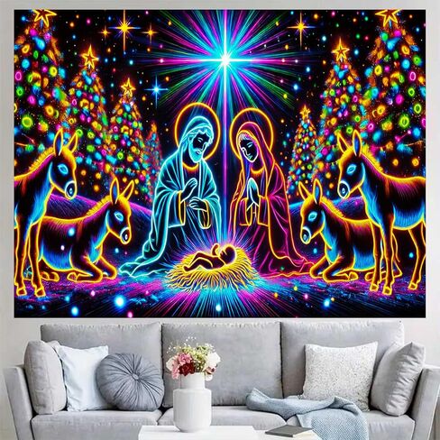 BlissYard Neon Nativity Christmas Blacklight Tapestry UV Reactive Glow in the Dark Religious Wall Hanging Holy Family Donkeys Christmas Trees Holiday Decoration for Bedroom Living Room 78x59 Inch in Saudi Arabia