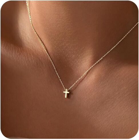 GoldGifts قلادة متقاطعة للنساء، قلادة متقاطعة صغيرة أنيقة مطلية بالذهب عيار 14 قيراط، هدية عصرية لطيفة لسلة عيد الفصح المعمودية الدينية in Kuwait