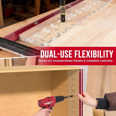 Lunyee Shelf Pin Jig مع لقم ثقب ذاتية التمركز، 1/4 بوصة و5 مم رف حفر دبوس لقالب ثقب خزانة قابل للتعديل لنظام 32 مم للأعمال الخشبية مع 17 صفًا من الفتحات in Kuwait