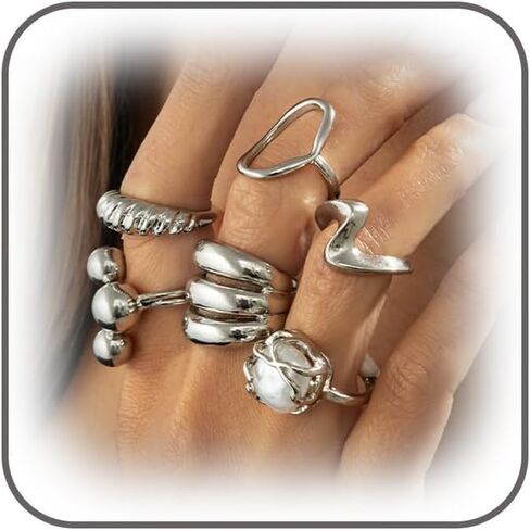 SAVNOJW 7Pcs Funky Chunky Silver Beads Oval Rings Set Stackable for Women Statement Pearl Thick Huggie Wavy Finger Ring Party Costume Jewelry Gift Accessories in Saudi Arabia