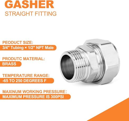 4 قطع من GASHER تركيب مستقيم، أنابيب 3/4 بوصة × 1/2 بوصة NPT ذكر، تركيب أنبوب مطلي بالنحاس والنيكل، لنظام أنبوب الهواء المضغوط in Kuwait
