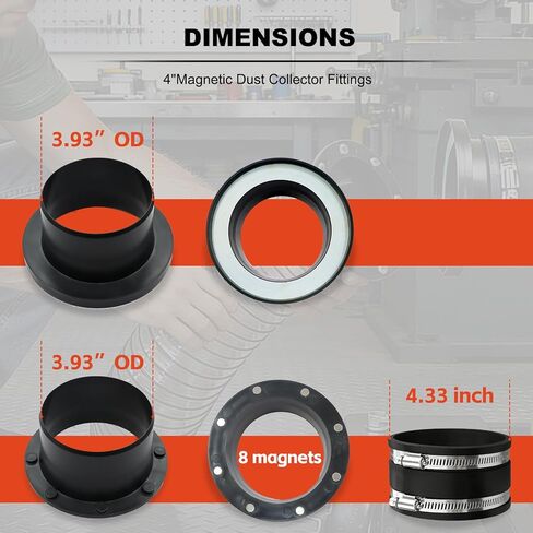 4 Inch Magnetic Dust Collection Fittings Super Magnetic Dust Collectors Kit with 8 Industrial-Grade N52 Magnets Double Rubber Gasket for Dust-Tight Seal Compatible with Shop Vac & Dust Collectors in Kuwait