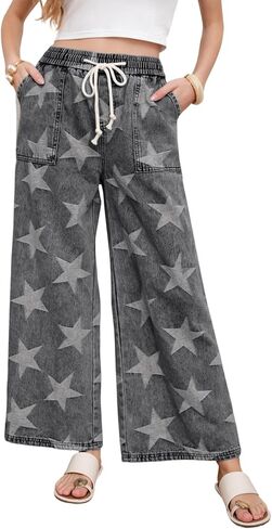 CHARTOU Women Baggy Wide Leg Drawstring Jeans Flare Elastic High Waist Star Printed Jeans Loose Denim Pants in Saudi Arabia