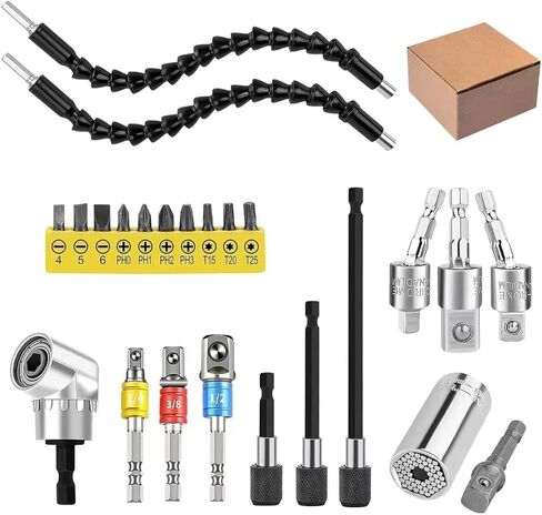 24pcs Flexible Drill Bit Extension Set, 105°Right Angle Drill Attachmen, Rotatable Joint Socket 1/4 3/8 1/2 Inch Hex Socket Adapter Socket Bendable Drill Bit Extension Screwdriver with a Box (Sliver) in Kuwait