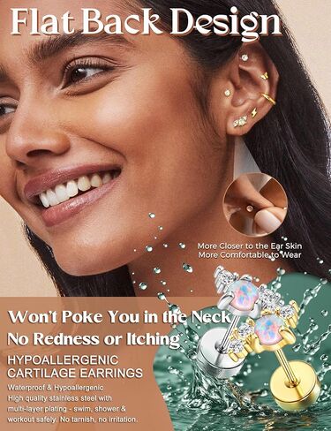 FUNRUN JEWELRY أقراط خلفية مسطحة مضادة للحساسية للنساء مجموعات أقراط من الفولاذ المقاوم للصدأ الجراحية للأذن الحساسة أقراط صغيرة على شكل طوق غضروف أقراط مسطحة على الظهر لثقب متعدد in Kuwait